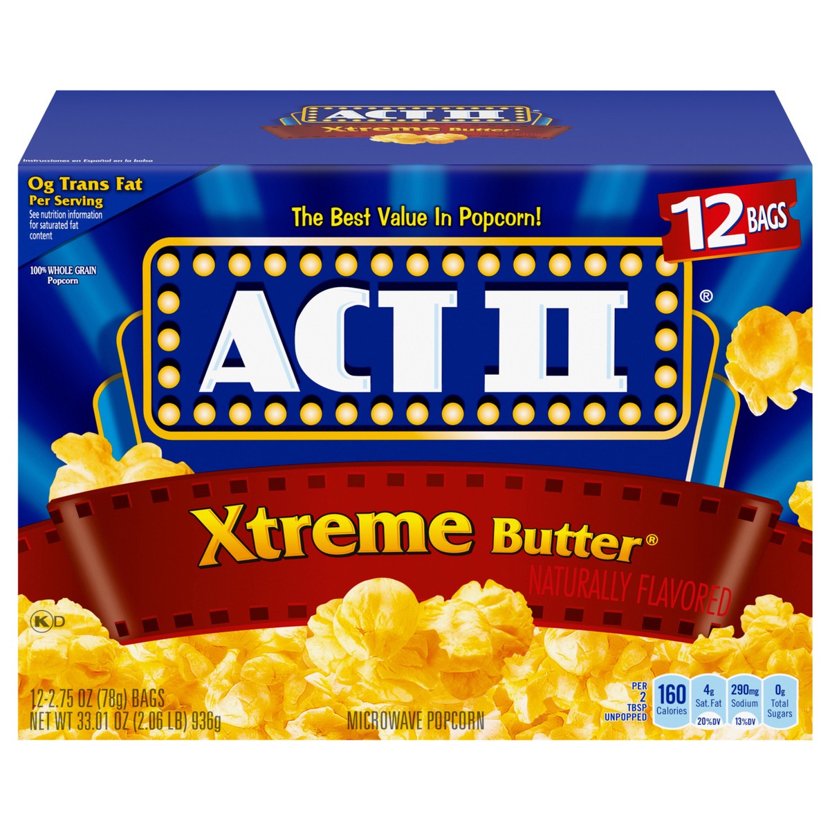 slide 1 of 8, ACT II Xtreme Butter Microwave Popcorn, 33.01 oz., 12 Count Bags, 12 ct