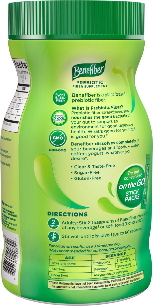 slide 2 of 10, Benefiber Daily Prebiotic Fiber Supplement Powder, Unflavored, 17.6 oz