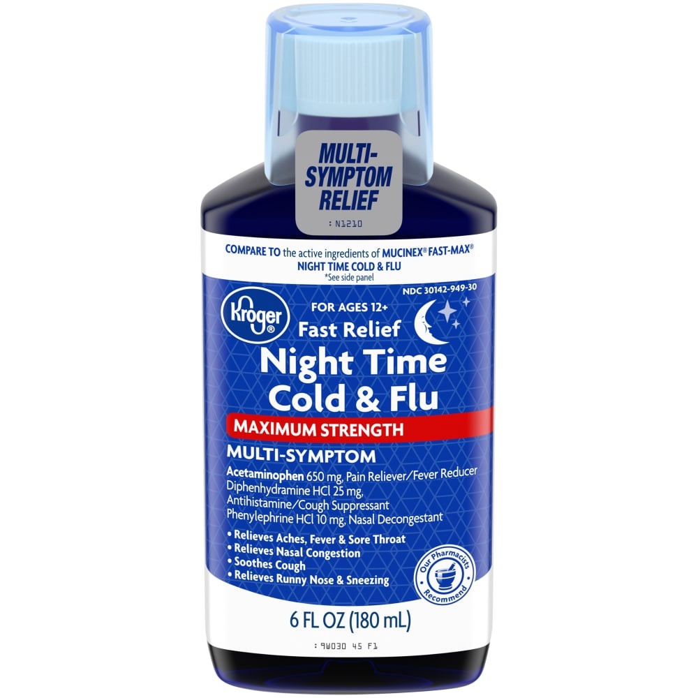 slide 1 of 1, Kroger Fast Relief Maximum Strength Night Time Cold & Flu Liquid, 6 fl oz
