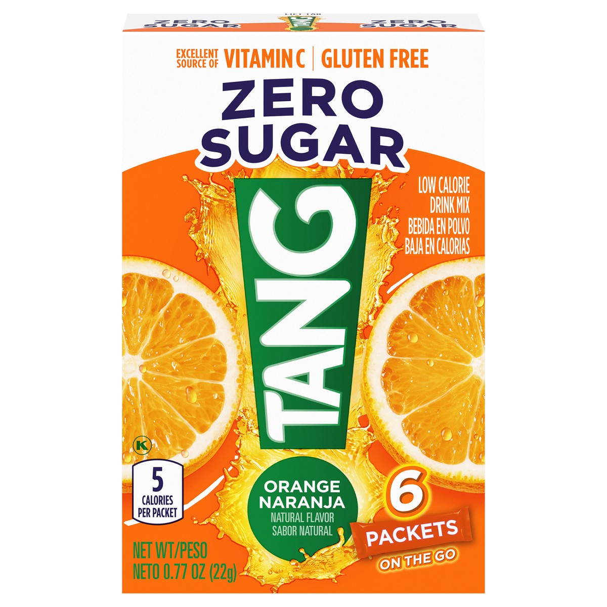 slide 1 of 6, Tang Zero Sugar Orange Naturally Flavored Powdered Soft Drink Mix, 6 ct On-the-Go Packets, 6 ct; 0.77 oz