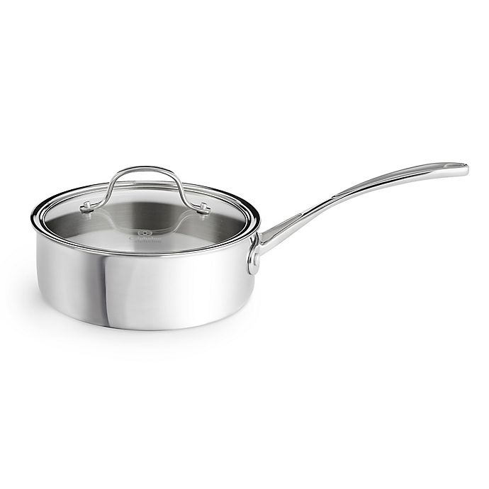 slide 1 of 5, Calphalon Tri-Ply Stainless Steel Shallow Saucepan with Lid, 2.5 qt