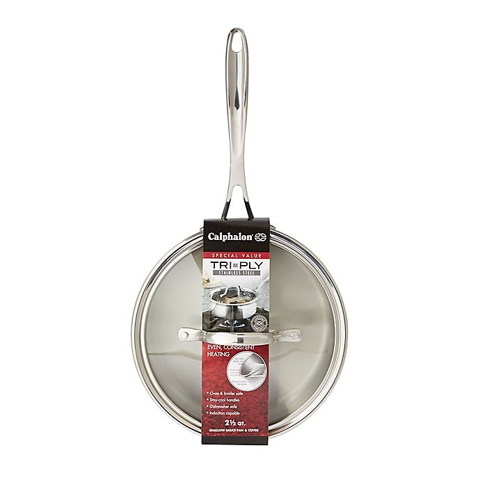 slide 5 of 5, Calphalon Tri-Ply Stainless Steel Shallow Saucepan with Lid, 2.5 qt