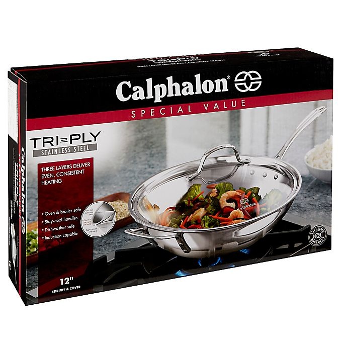slide 5 of 6, Calphalon Tri-Ply Stainless Steel Stir Fry Pan with Lid, 12 in