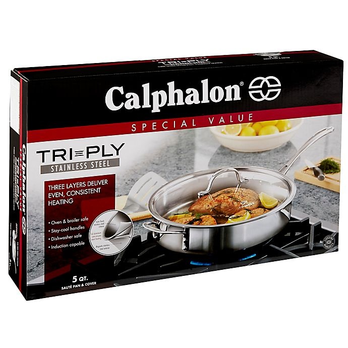 slide 5 of 5, Calphalon Tri-Ply Stainless Steel Saute Pan with Lid, 5 qt