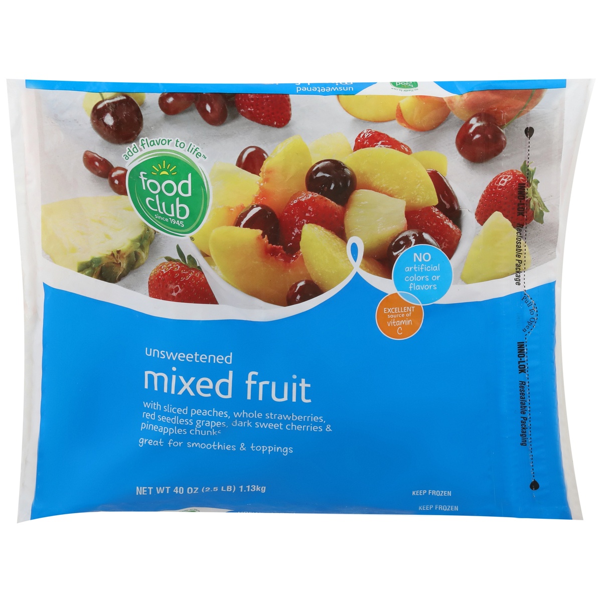 slide 1 of 1, Food Club Unsweetened Mixed Fruit With Sliced Peaches, Whole Strawberries, Red Seedless Grapes, Dark Sweet Cherries & Pineapples Chunks, 40 oz