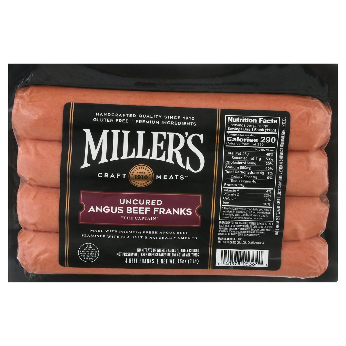 slide 2 of 4, Millers Beef Frank Colossal Angus - 16 Oz, 16 oz