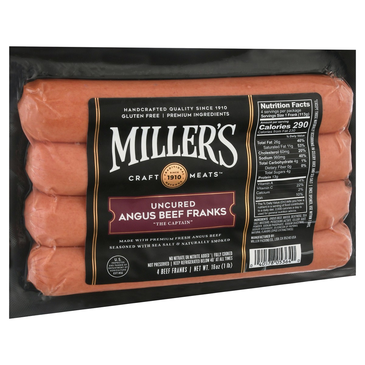 slide 4 of 4, Millers Beef Frank Colossal Angus - 16 Oz, 16 oz