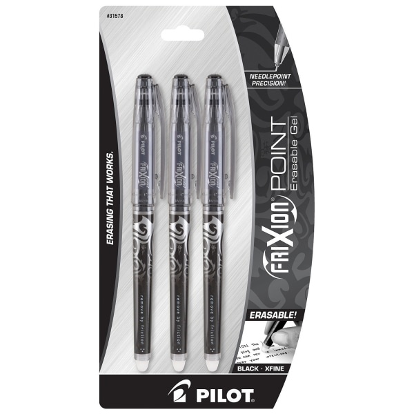 slide 1 of 1, Pilot Frixion Ball Erasable Gel Pens, Extra-Fine Point, 0.5 Mm, Black Barrels, Black Ink, Pack Of 3, 3 ct