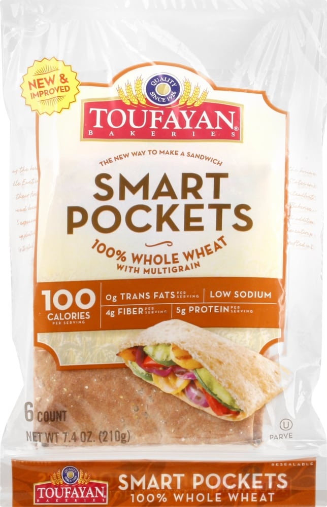 slide 1 of 1, Toufayan Bakeries Smart Pockets - Whole Wheat, 7.4 oz