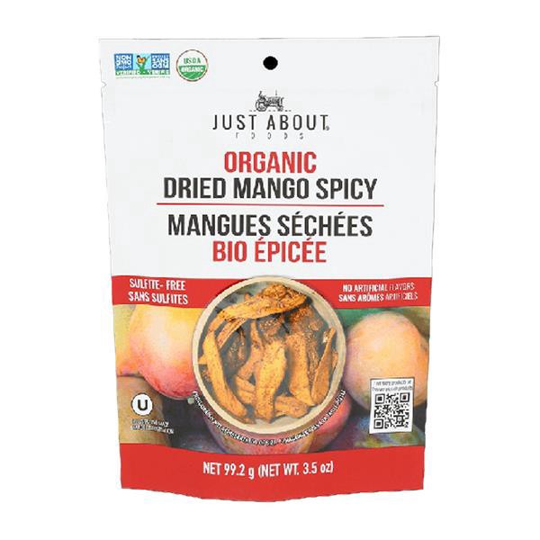 slide 1 of 1, Just About Foods Mango Spcy Strips Dried, 3.5 oz