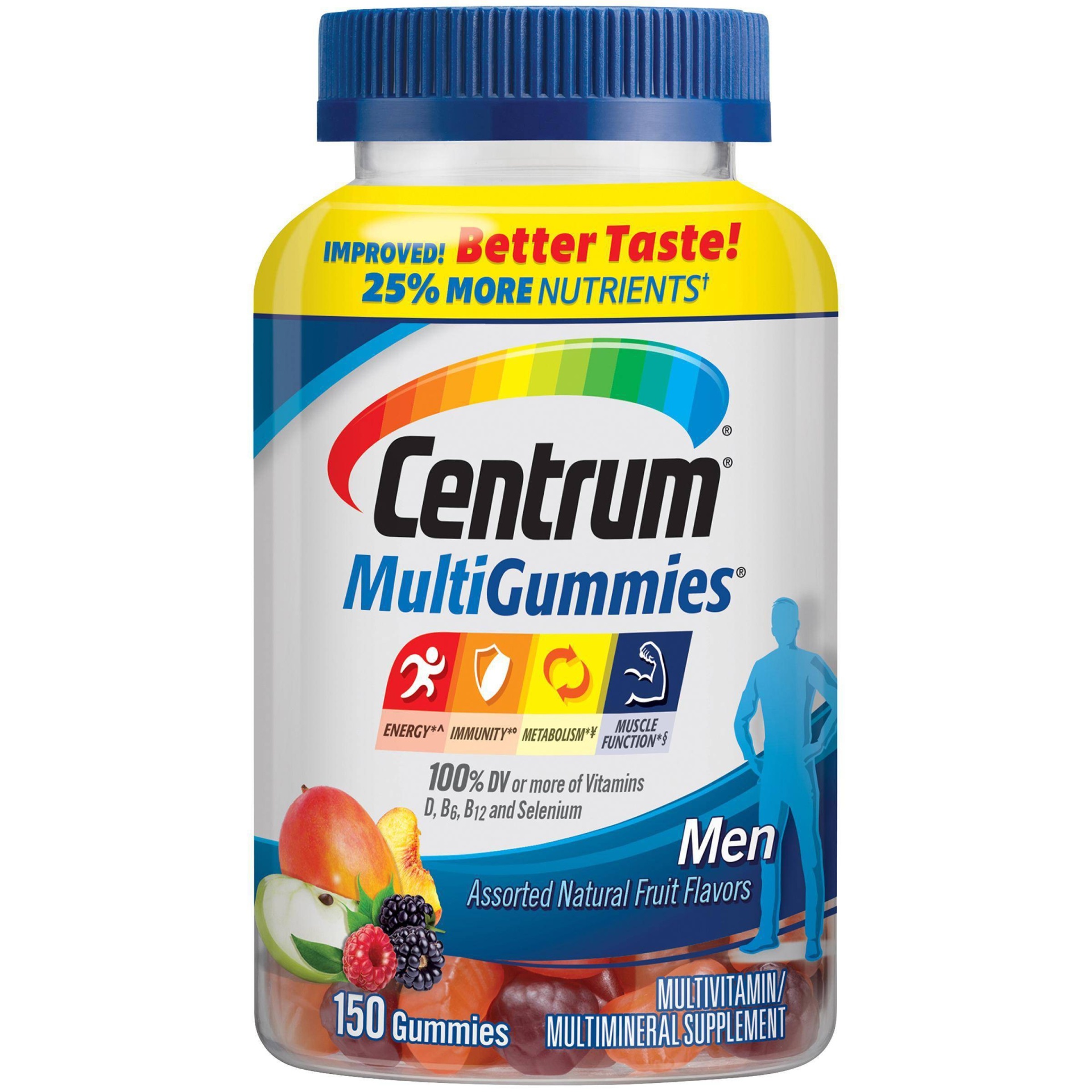 slide 1 of 3, Centrum MultiGummies Men's Multivitamin & Multimineral Gummies - Cherry, Berry & Apple, 150 ct