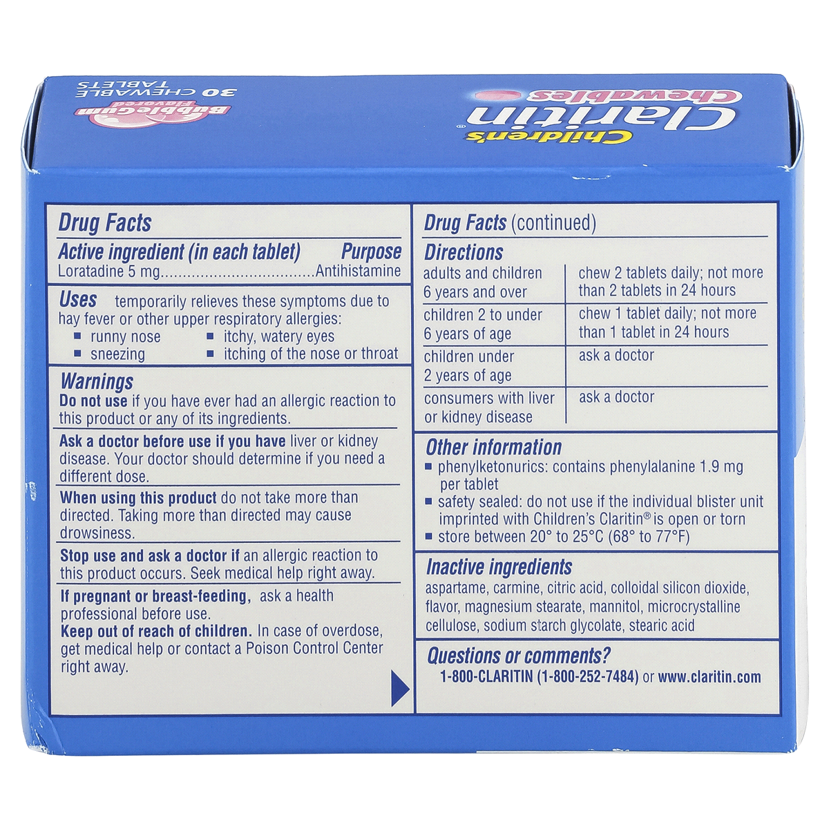 slide 2 of 3, Children's Claritin 24 Hour Non Drowsy Allergy Relief Bubble Gum Flavored Chewable Tablets Loratadine, 30 ct
