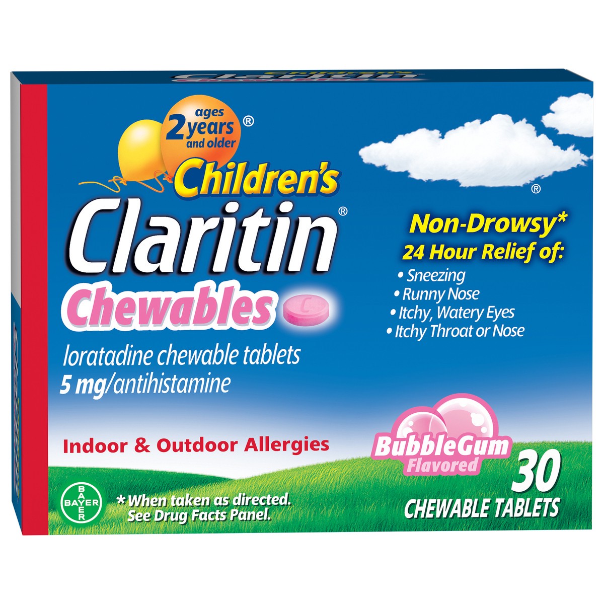 slide 2 of 6, Claritin Children's Non-Drowsy 5 mg Bubble Gum Flavored Loradatine Chewable Tablets 30 ea Box, 30 ct