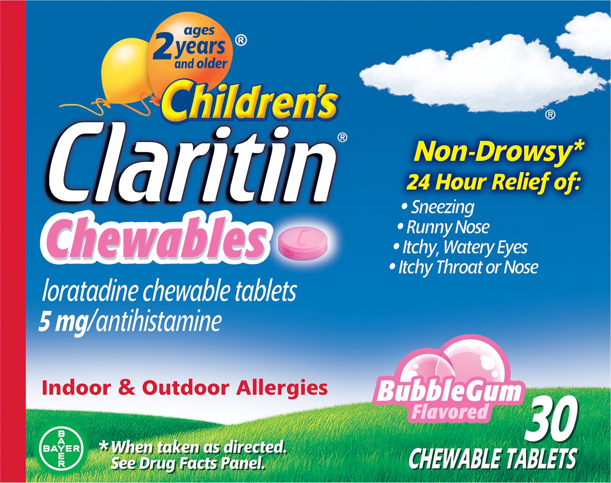 slide 1 of 6, Claritin Children's Non-Drowsy 5 mg Bubble Gum Flavored Loradatine Chewable Tablets 30 ea Box, 30 ct