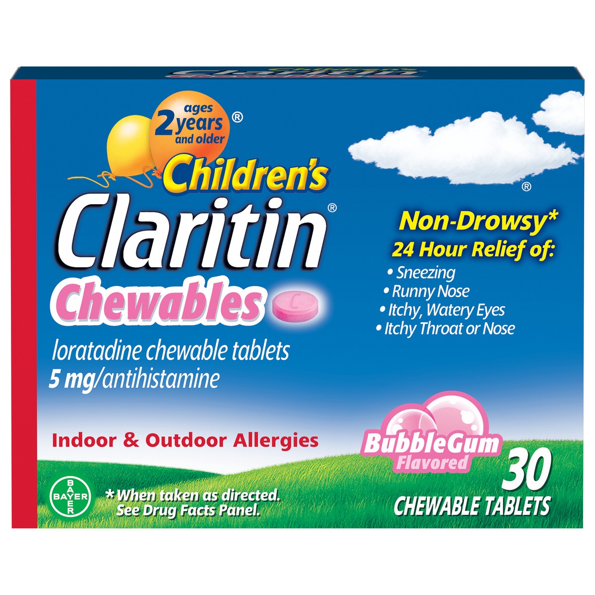 slide 1 of 6, Claritin Children's Non-Drowsy 5 mg Bubble Gum Flavored Loradatine Chewable Tablets 30 ea Box, 30 ct
