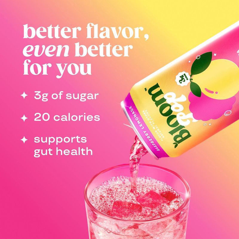 slide 4 of 8, Bloom Pop Caffeine-Free Prebiotic Raspberry Lemonade Soda 12 fl oz, 12 fl oz