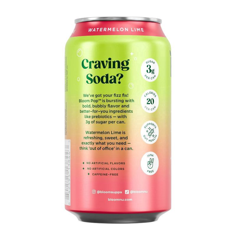 slide 7 of 8, Bloom Pop Caffeine-Free Prebiotic Watermelon Lime Soda 12 fl oz, 12 fl oz