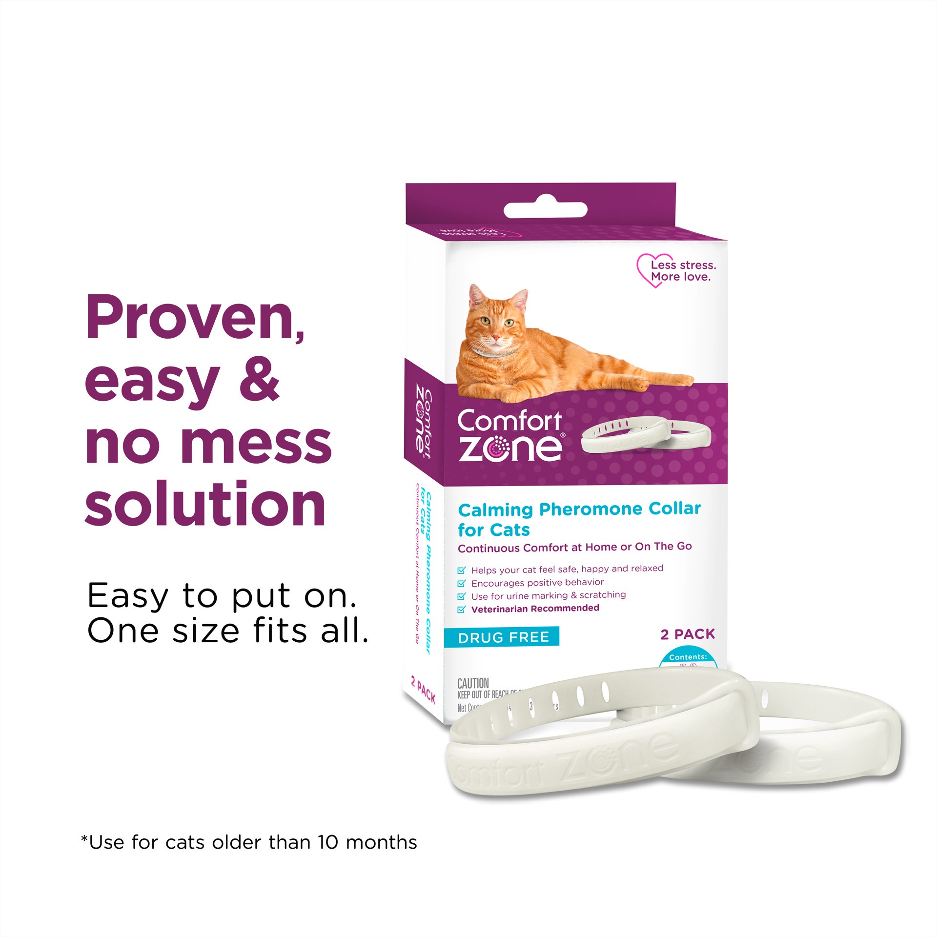 slide 7 of 7, Comfort Zone Cat Calming Pheromone Collar, Anxiety & Stress Relief Aid, Breakaway Design, White, 2 Pack, 1 ct