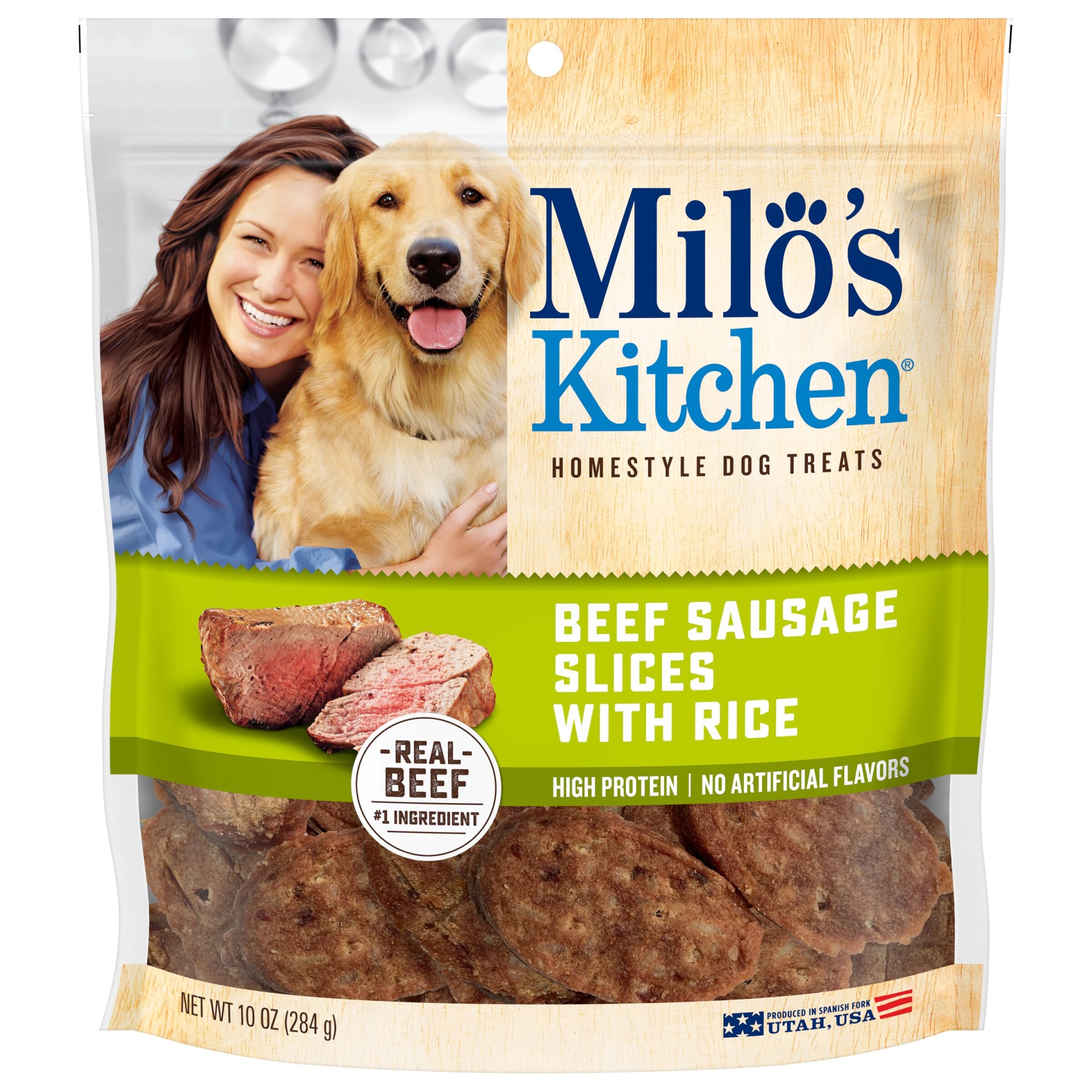 slide 1 of 1, Milo's Kitchen Beef Sausage Slices With Rice Dog Treats, 10-oz. Bag, 10 oz