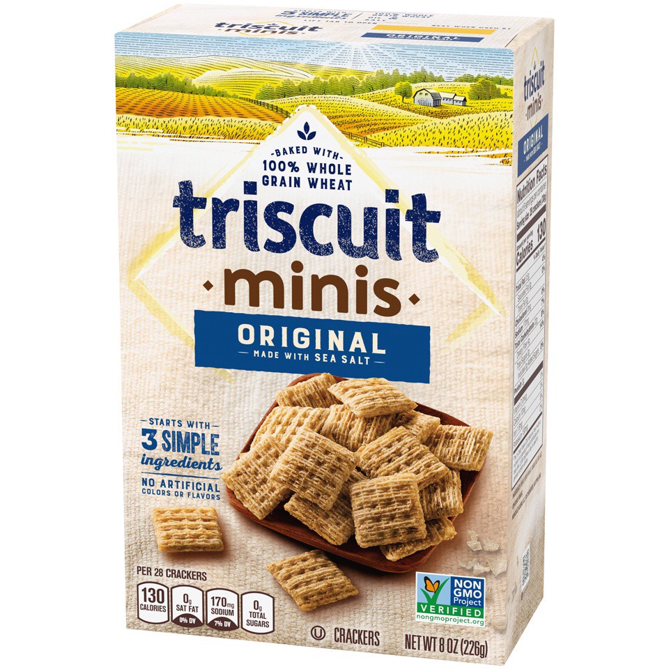 slide 7 of 8, Triscuit Minis Original Whole Grain Wheat Crackers, Vegan Snacks, Snack Crackers, 8 oz, 8 oz