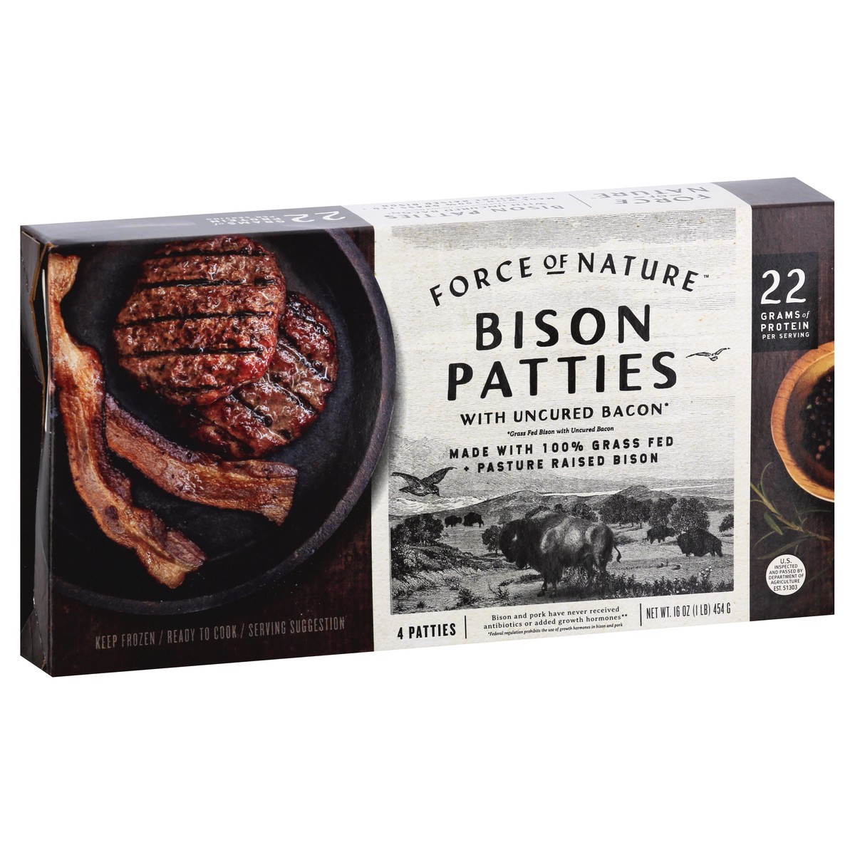 slide 2 of 9, Force Of Nature Patties Bison Bacon Burgr 16 Oz, 1 ct