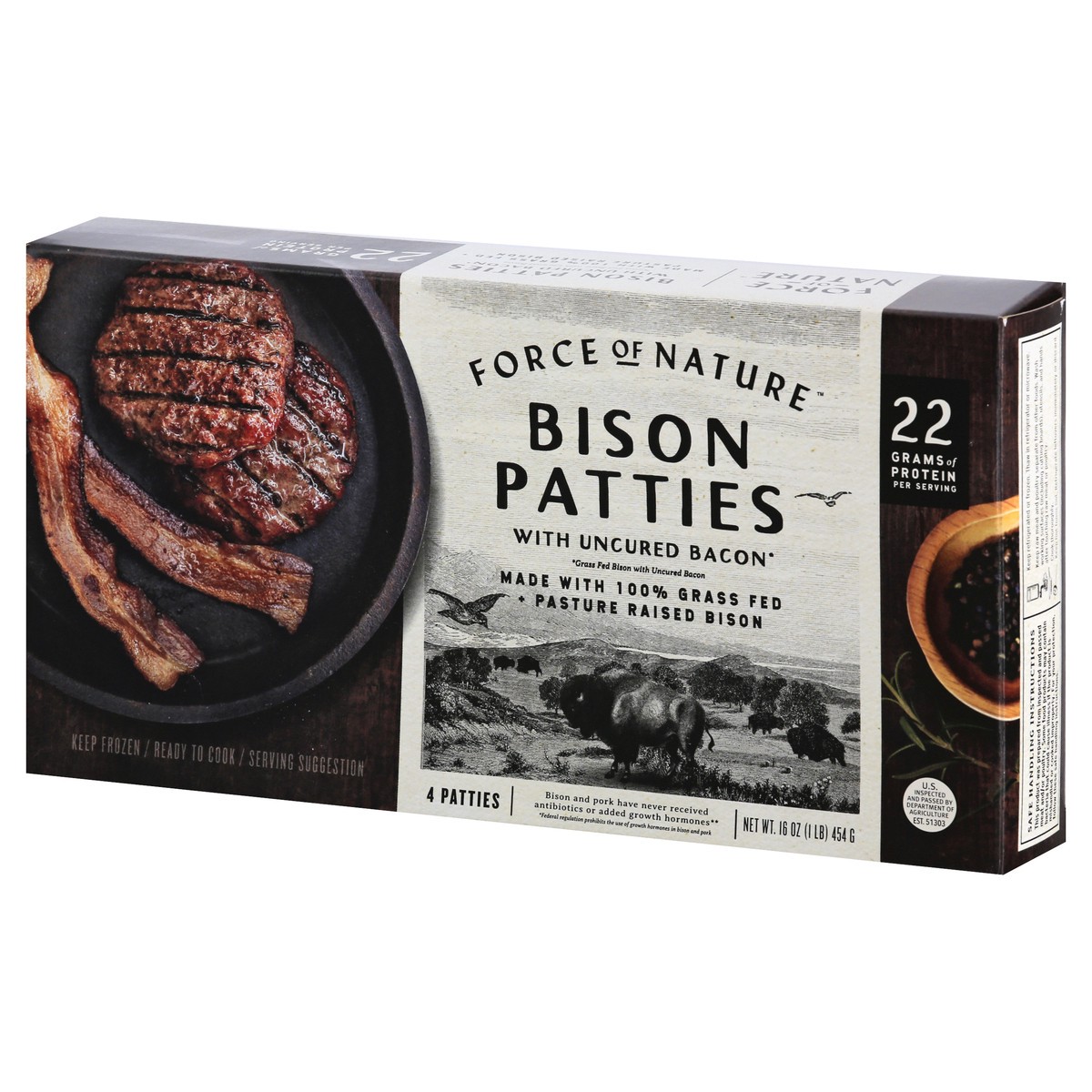 slide 3 of 9, Force Of Nature Patties Bison Bacon Burgr 16 Oz, 1 ct