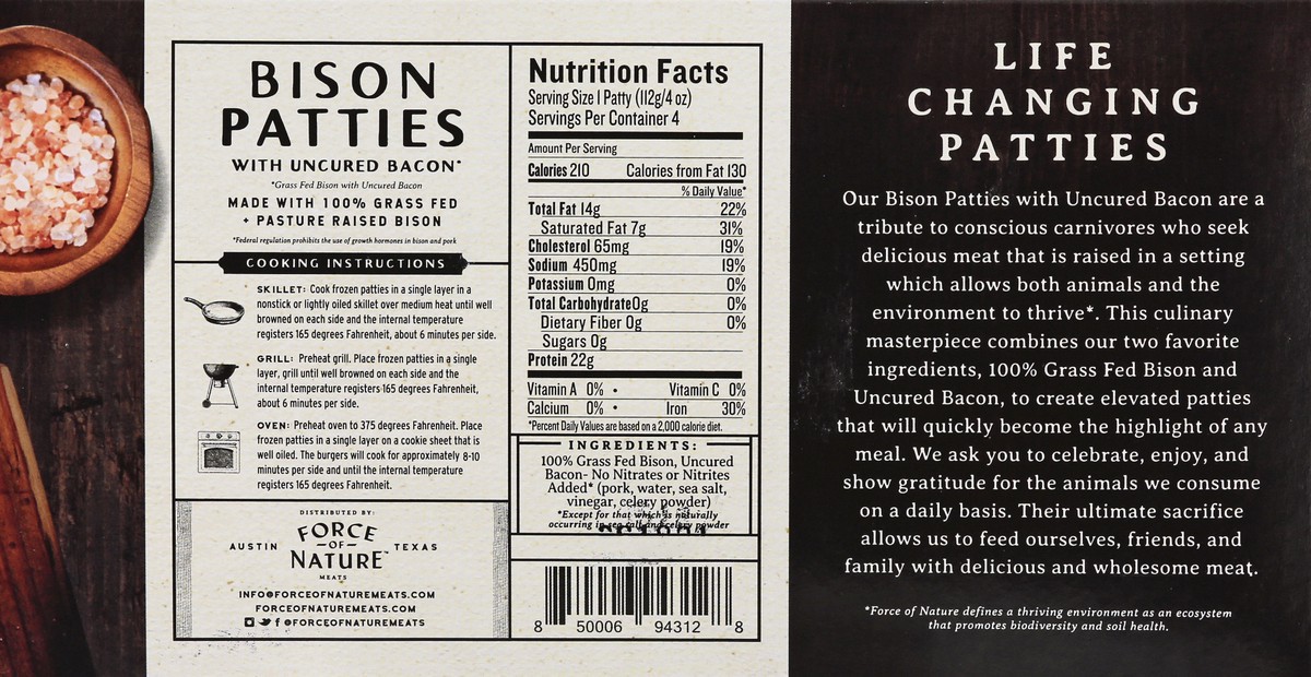 slide 5 of 9, Force Of Nature Patties Bison Bacon Burgr 16 Oz, 1 ct