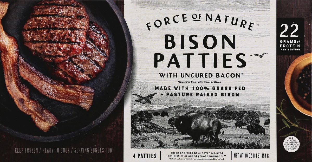 slide 6 of 9, Force Of Nature Patties Bison Bacon Burgr 16 Oz, 1 ct