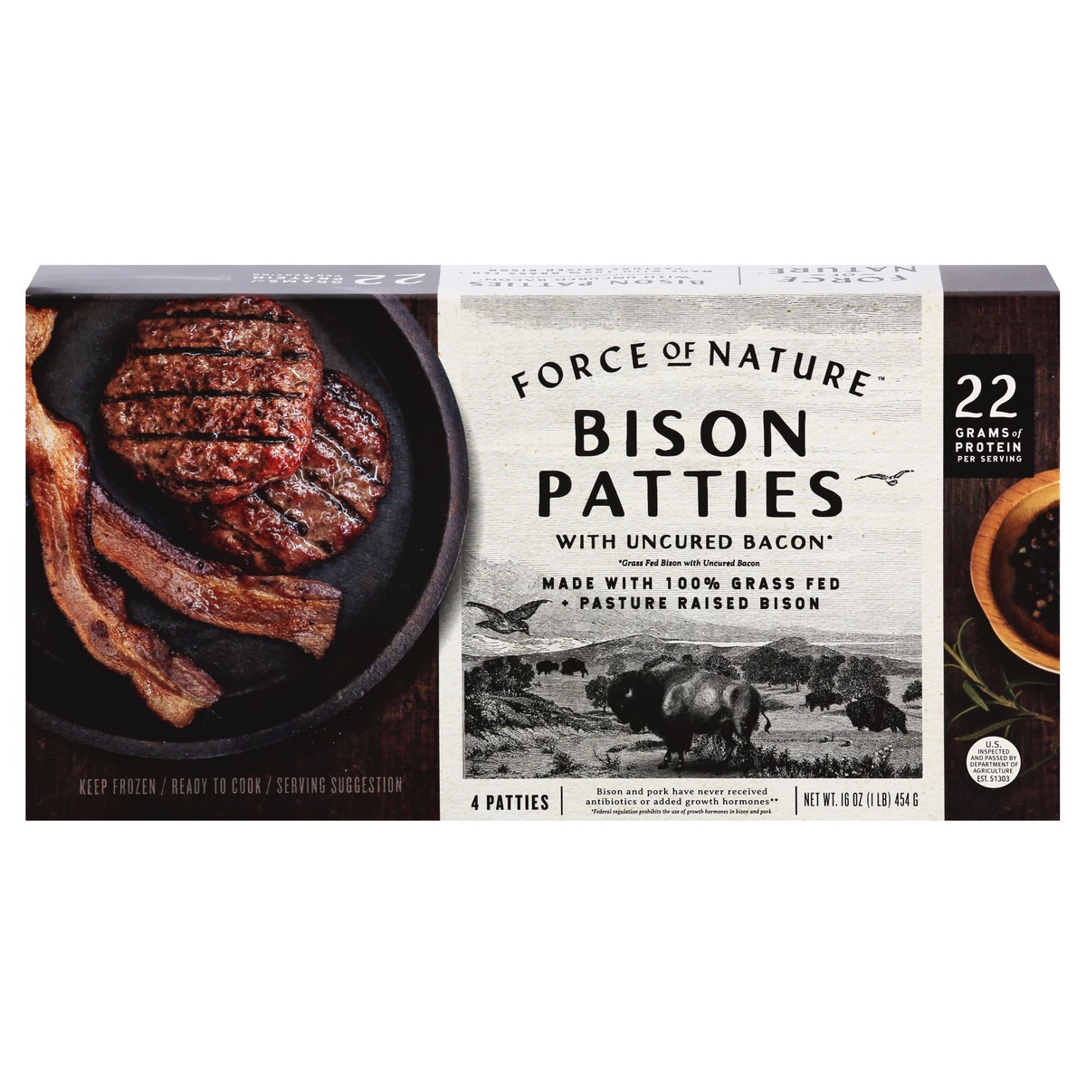 slide 1 of 1, Force Of Nature Bison Patties With Uncured Bacon, 1 ct