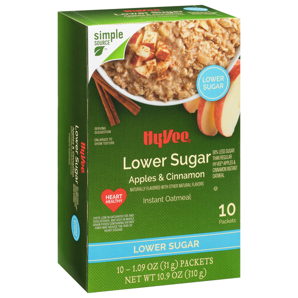 slide 1 of 1, Hy-Vee Instant Oatmeal, Lower Sugar, Apples & Cinnamon 10Ct, 10.9 oz
