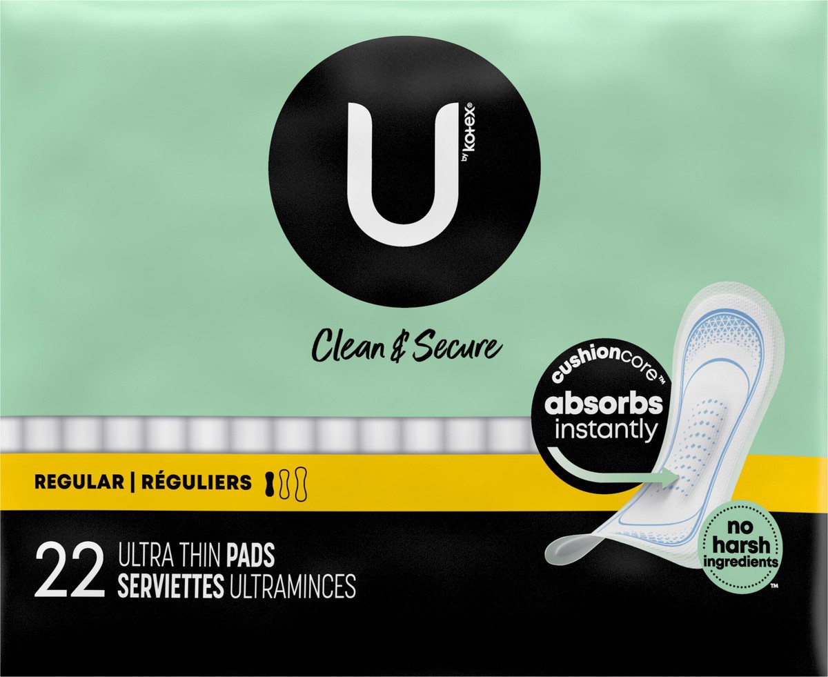 slide 5 of 12, U by Kotex Clean & Secure Ultra Thin Pads, Regular Absorbency, 22 Count, 22 ct