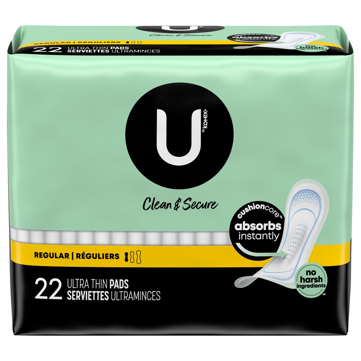 slide 1 of 12, U by Kotex Clean & Secure Ultra Thin Pads, Regular Absorbency, 22 Count, 22 ct