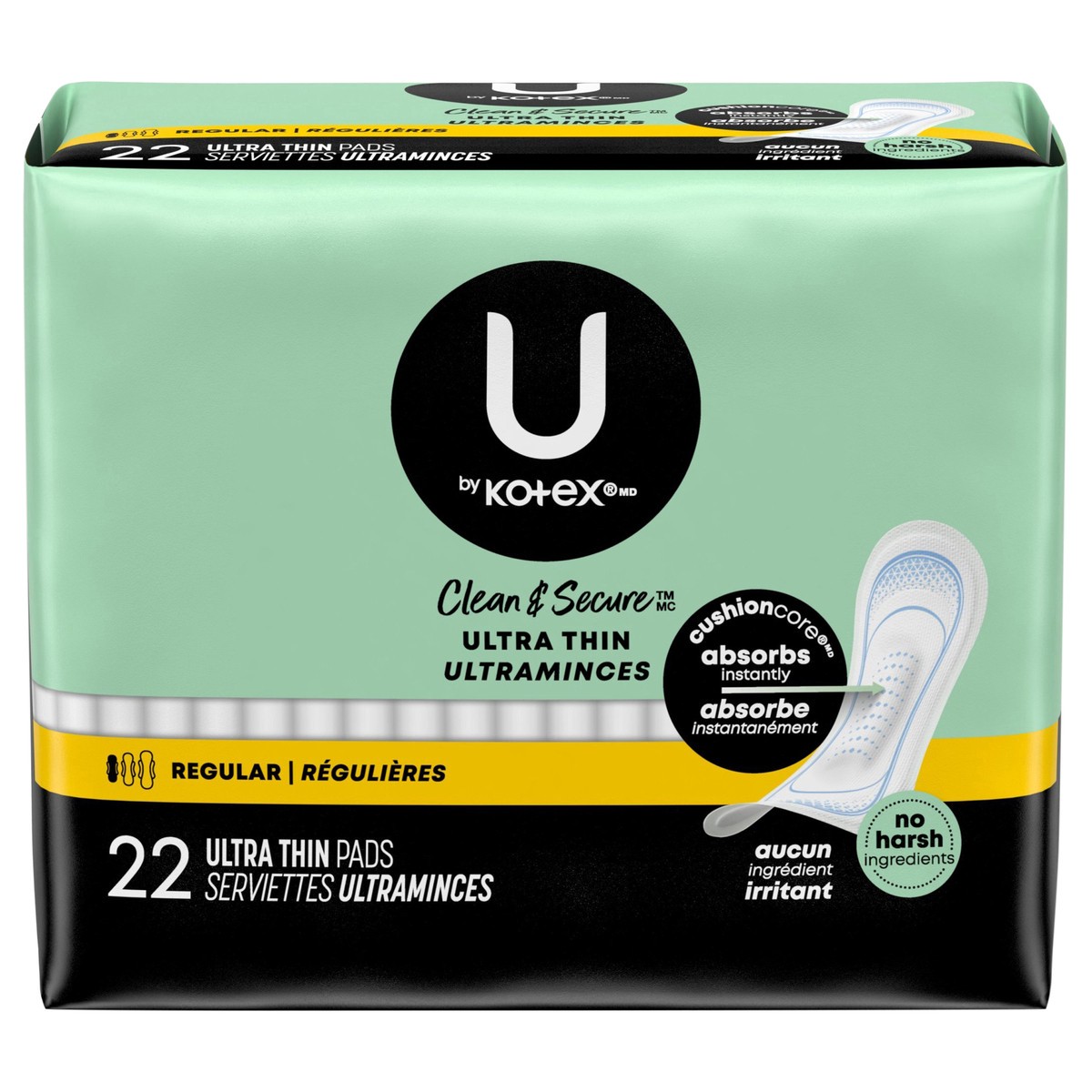 slide 1 of 12, U by Kotex Clean & Secure Ultra Thin Pads, Regular Absorbency, 22 Count, 22 ct