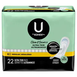 U by Kotex Clean & Secure Ultra Thin Pads, Regular Absorbency, 22 Count