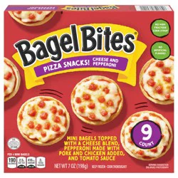 Bagel Bites Mini Pizza Bagel Frozen Snacks, 1 Box, for After-School and Late Night Snacking, Cheese and Pepperoni, No High-Fructose Corn Syrup and No Artificial Flavors, 9 ct