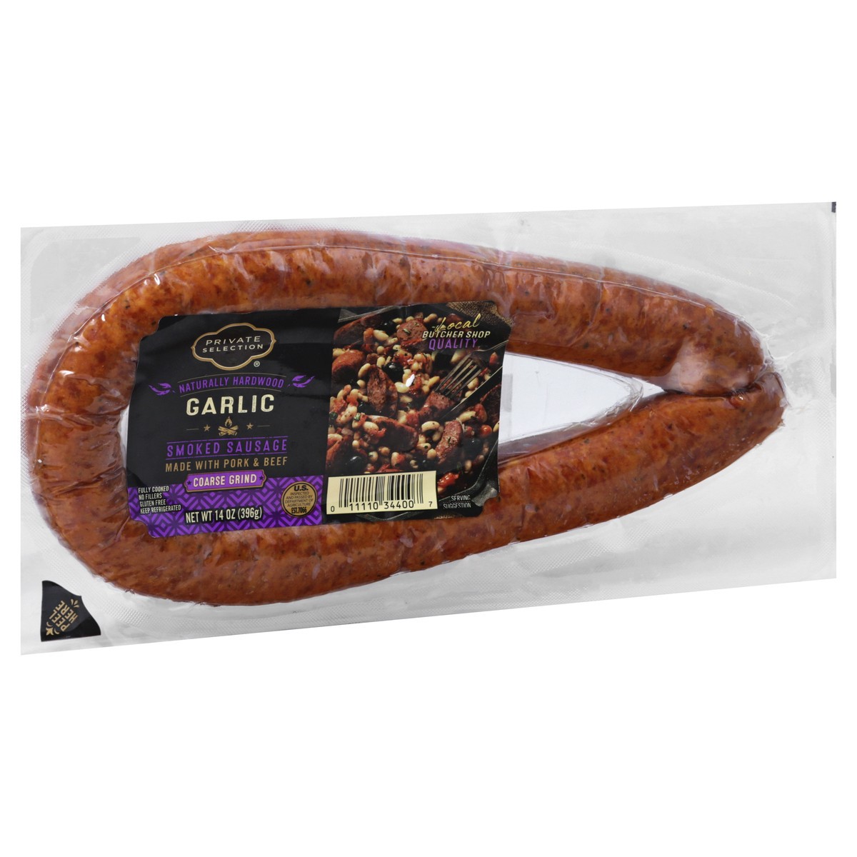 slide 2 of 9, Private Selection Naturally Hardwood Smoked Coarse Grind Garlic Sausage, 14 oz