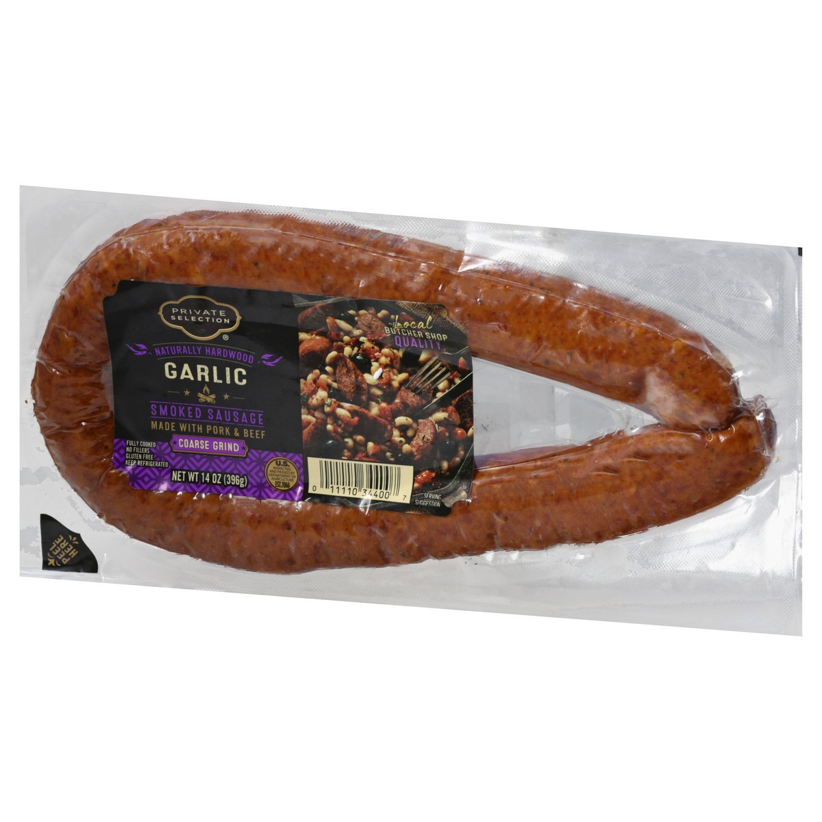 slide 4 of 9, Private Selection Naturally Hardwood Smoked Coarse Grind Garlic Sausage, 14 oz