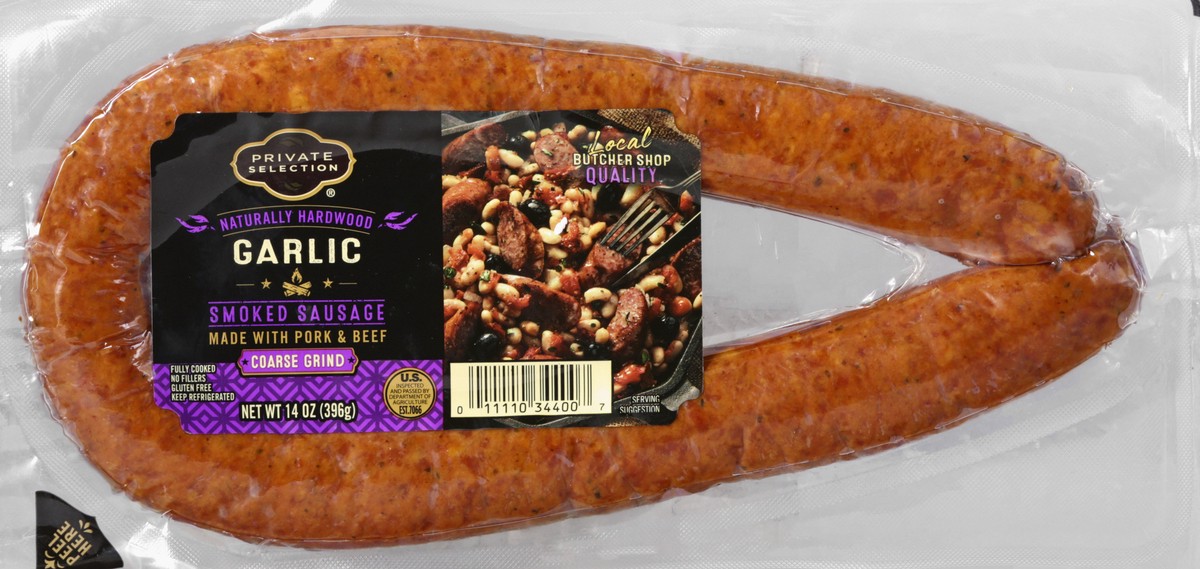 slide 1 of 9, Private Selection Naturally Hardwood Smoked Coarse Grind Garlic Sausage, 14 oz
