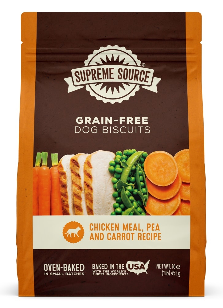 slide 1 of 9, Supreme Source Grain-Free Chicken Meal, Pea and Carrot Recipe Gourmet Dog Biscuits, 16 oz