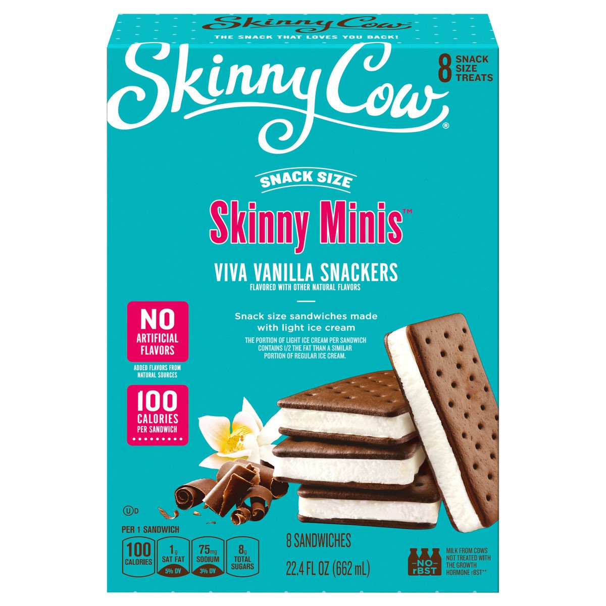 slide 1 of 6, Skinny Cow Skinny Minis Viva Vanilla Snackers Ice cream Sandwiches Snack Size 8 ea, 8 ct