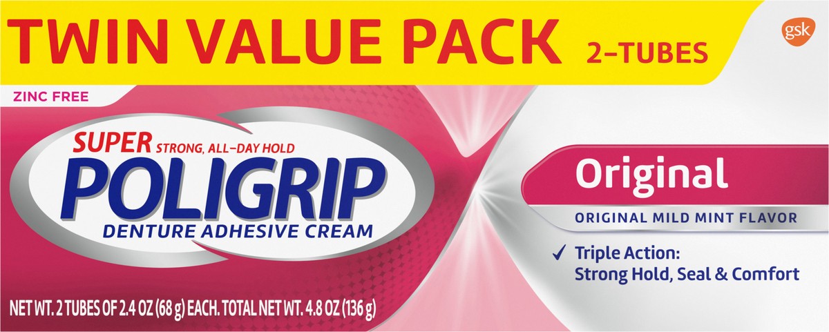 slide 2 of 11, Poligrip Super Poligrip Original Formula Zinc Free Denture and Partials Adhesive Cream, 2.4 ounce (Twin Pack), 2 ct