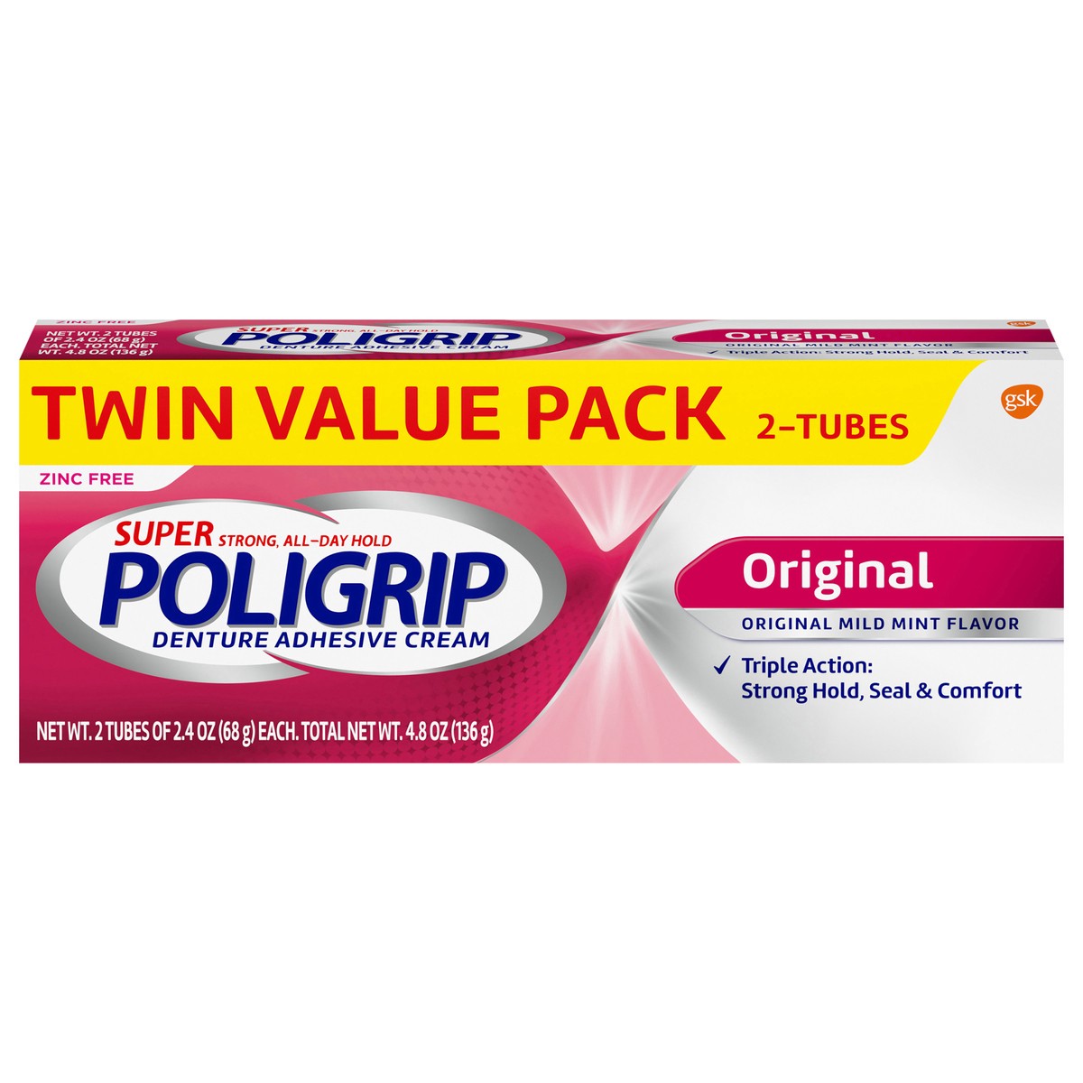 slide 1 of 11, Poligrip Super Poligrip Original Formula Zinc Free Denture and Partials Adhesive Cream, 2.4 ounce (Twin Pack), 2 ct