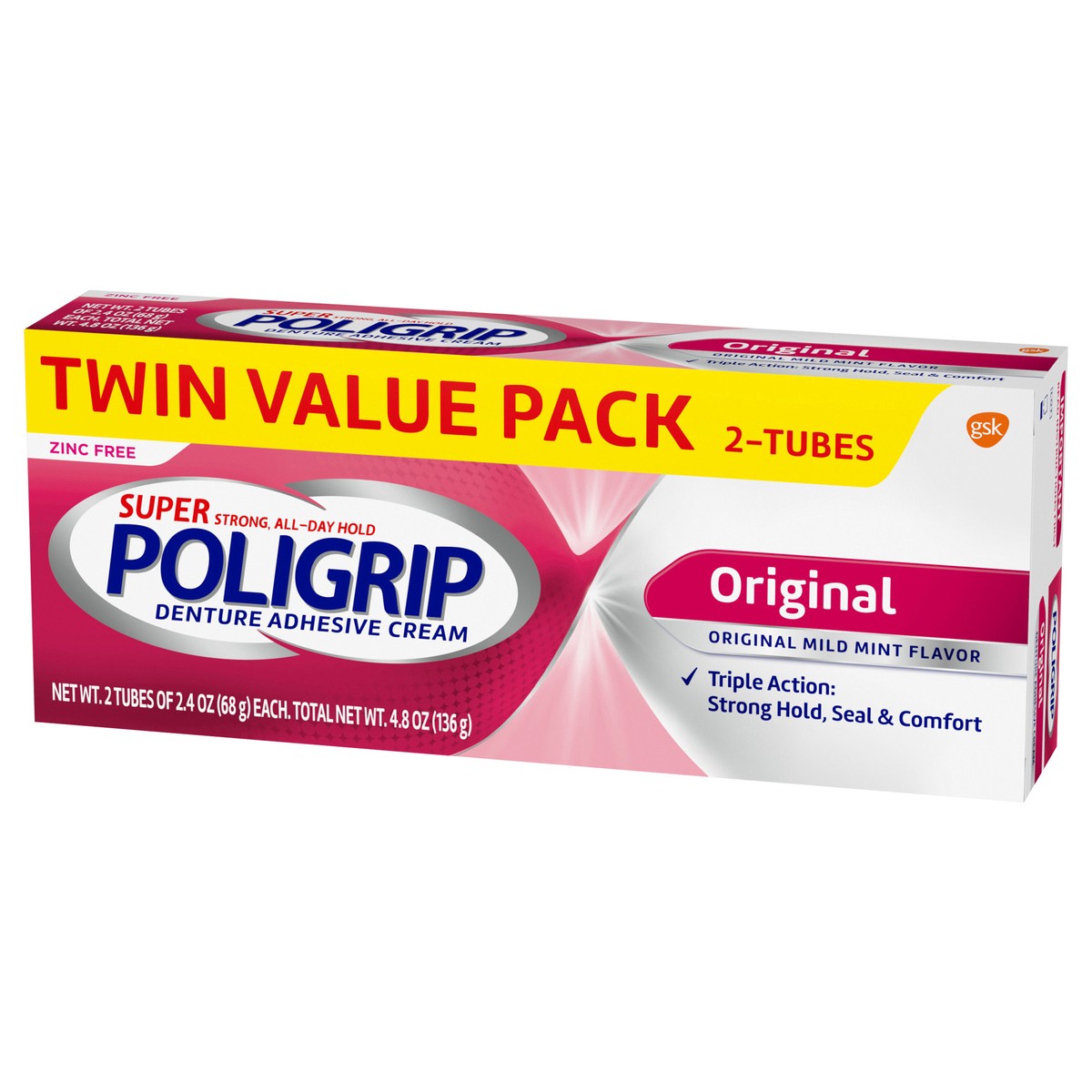 slide 11 of 11, Poligrip Super Poligrip Original Formula Zinc Free Denture and Partials Adhesive Cream, 2.4 ounce (Twin Pack), 2 ct