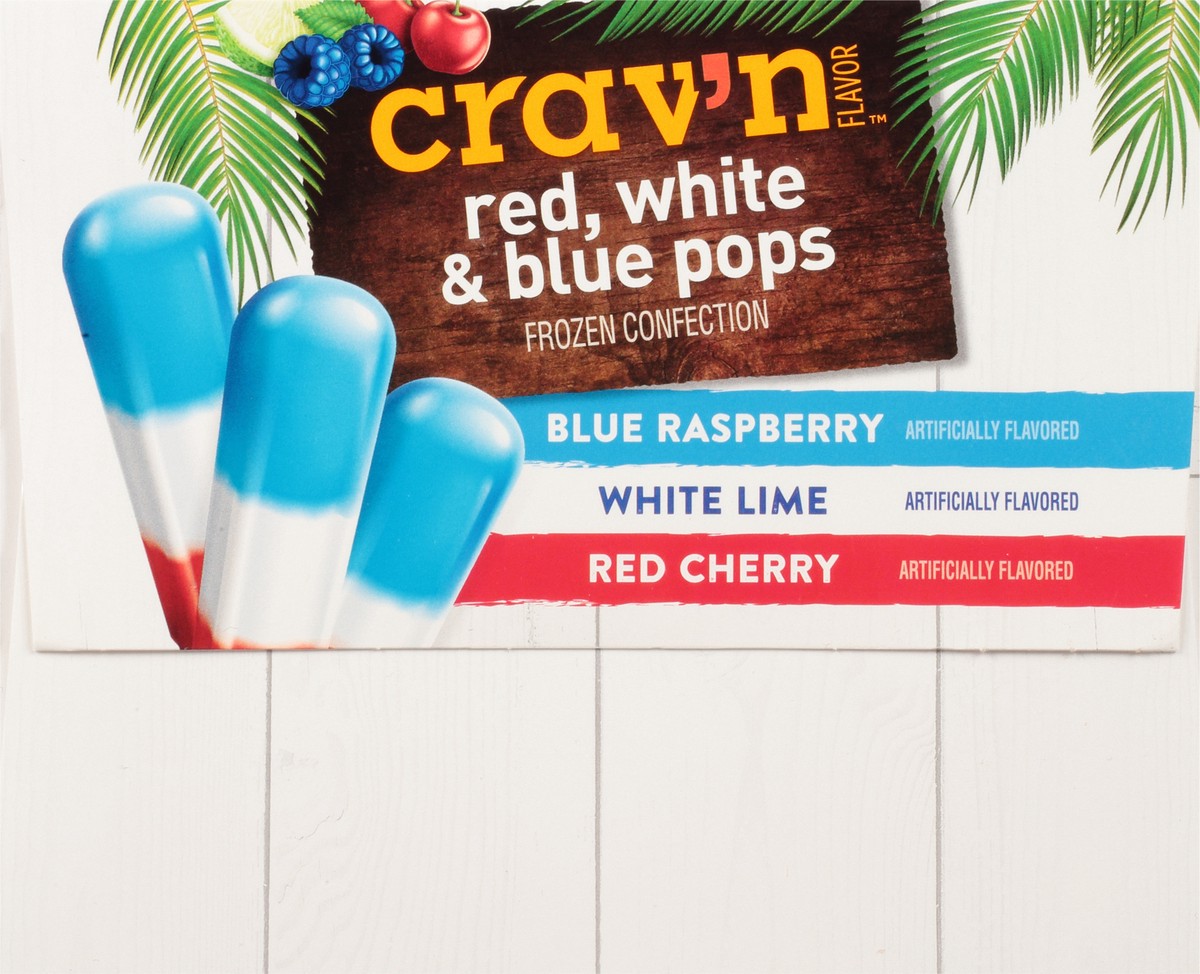 slide 4 of 18, Crav'n Flavor Red, White & Blue Pops Blue Raspberry/White Lime/Red Cherry Frozen Confection 20 ea, 33 oz
