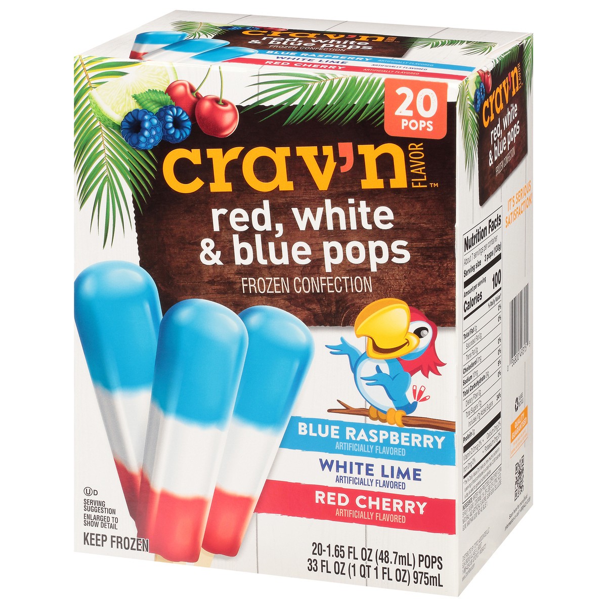 slide 18 of 18, Crav'n Flavor Red, White & Blue Pops Blue Raspberry/White Lime/Red Cherry Frozen Confection 20 ea, 33 oz