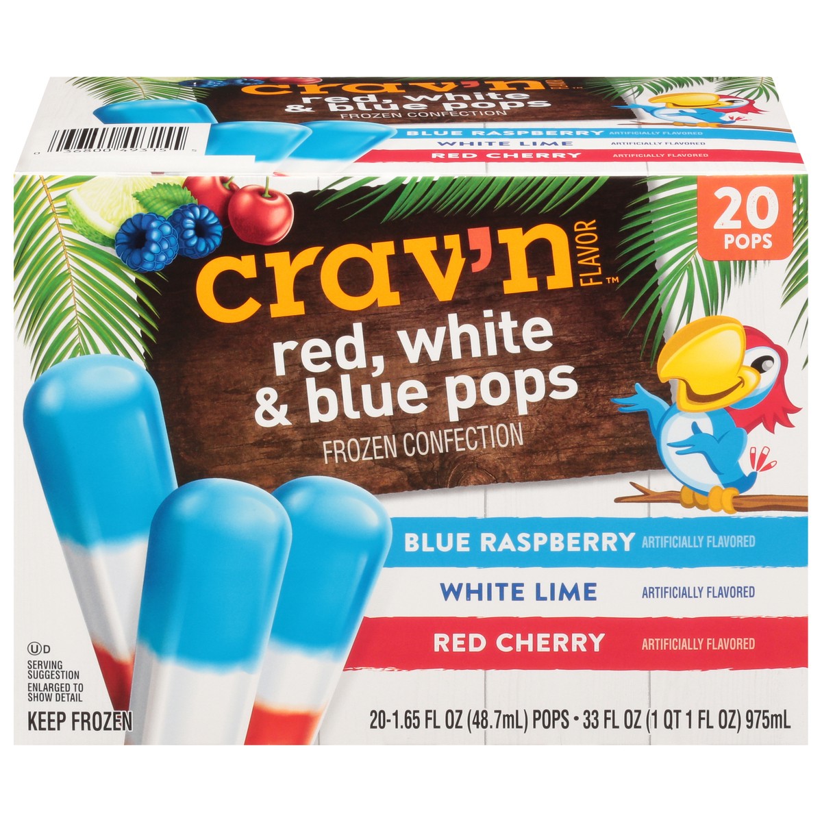 slide 2 of 18, Crav'n Flavor Red, White & Blue Pops Blue Raspberry/White Lime/Red Cherry Frozen Confection 20 ea, 33 oz