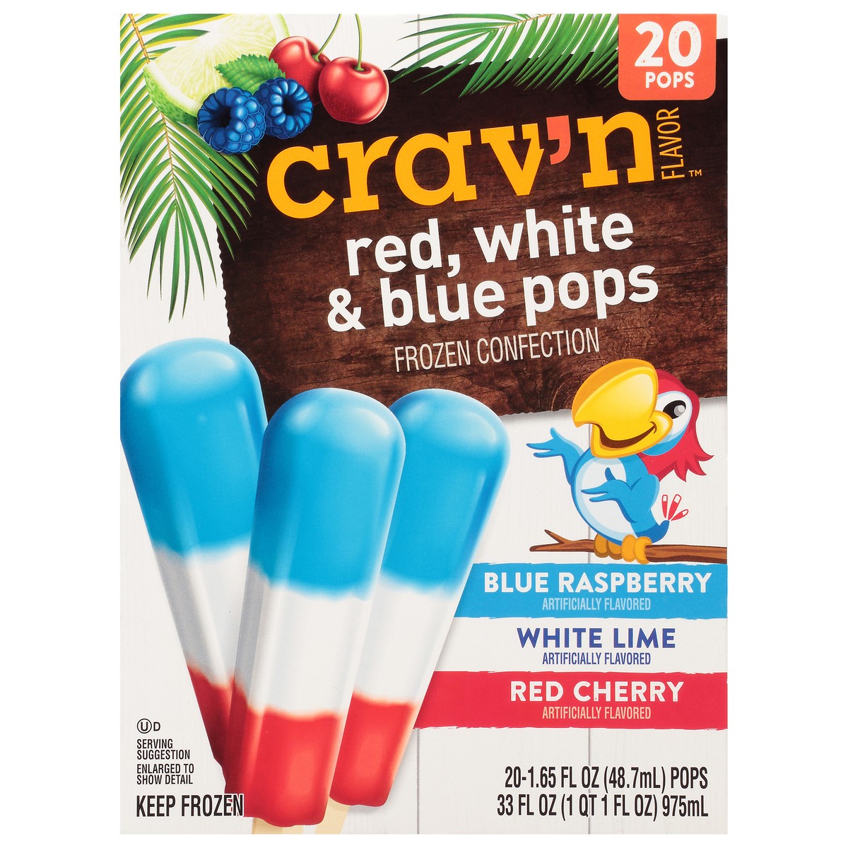 slide 6 of 18, Crav'n Flavor Red, White & Blue Pops Blue Raspberry/White Lime/Red Cherry Frozen Confection 20 ea, 33 oz