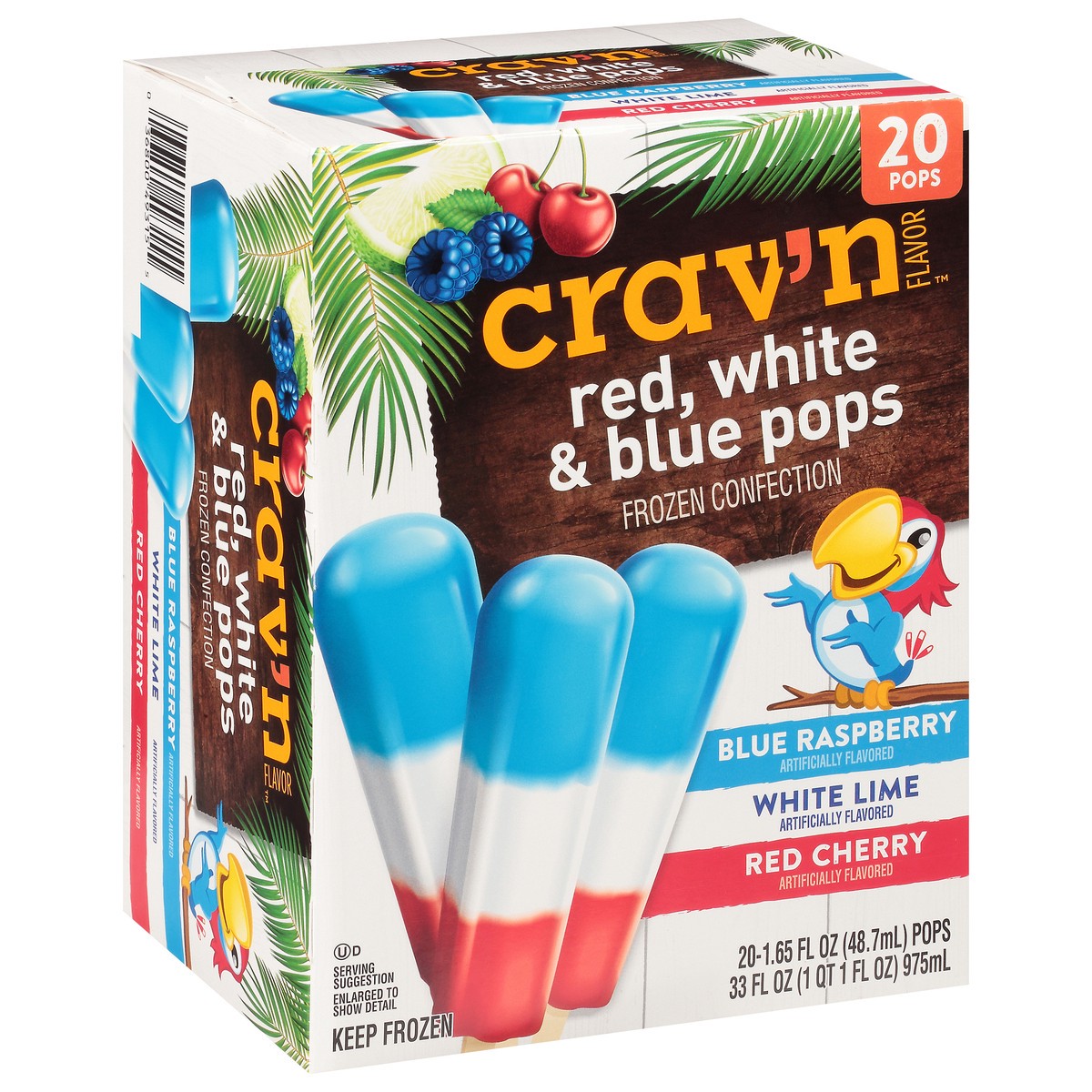 slide 8 of 18, Crav'n Flavor Red, White & Blue Pops Blue Raspberry/White Lime/Red Cherry Frozen Confection 20 ea, 33 oz