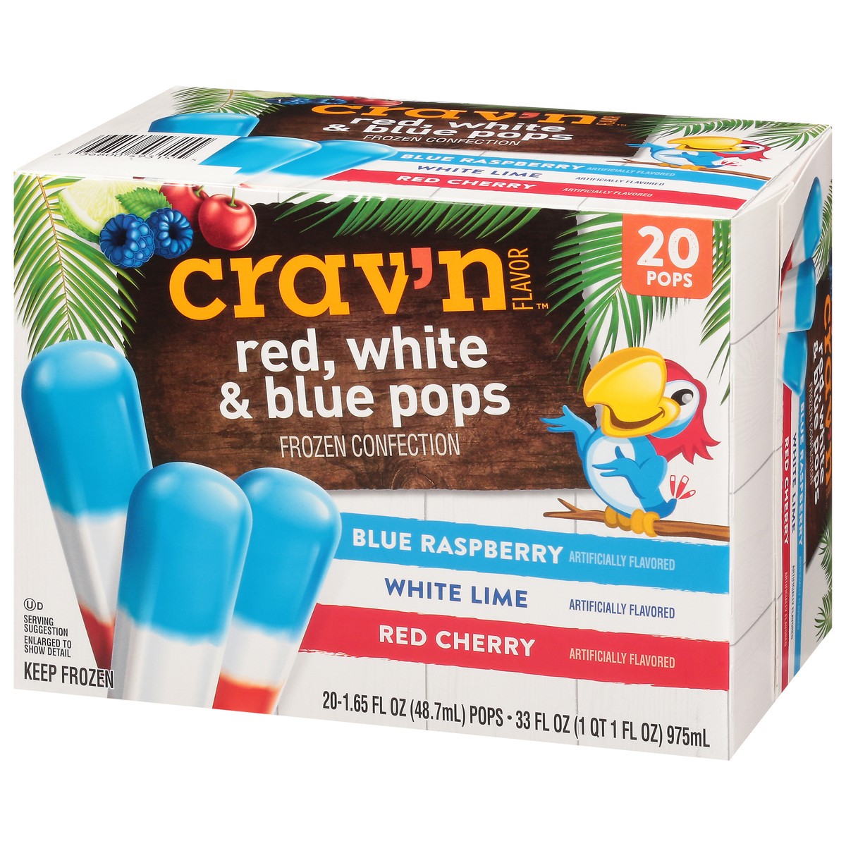 slide 17 of 18, Crav'n Flavor Red, White & Blue Pops Blue Raspberry/White Lime/Red Cherry Frozen Confection 20 ea, 33 oz