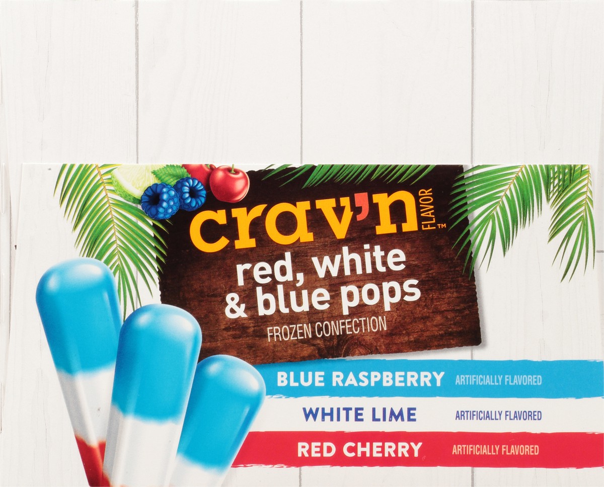 slide 9 of 18, Crav'n Flavor Red, White & Blue Pops Blue Raspberry/White Lime/Red Cherry Frozen Confection 20 ea, 33 oz